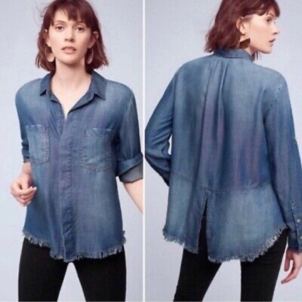 Anthropologie Cloth & Stone Chambray Raw Hem Button Front Shirt Size XS - Picture 2 of 12